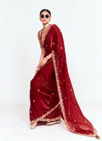 Monjolika Fashion Fancy Fabric Embroidered Maroon Saree