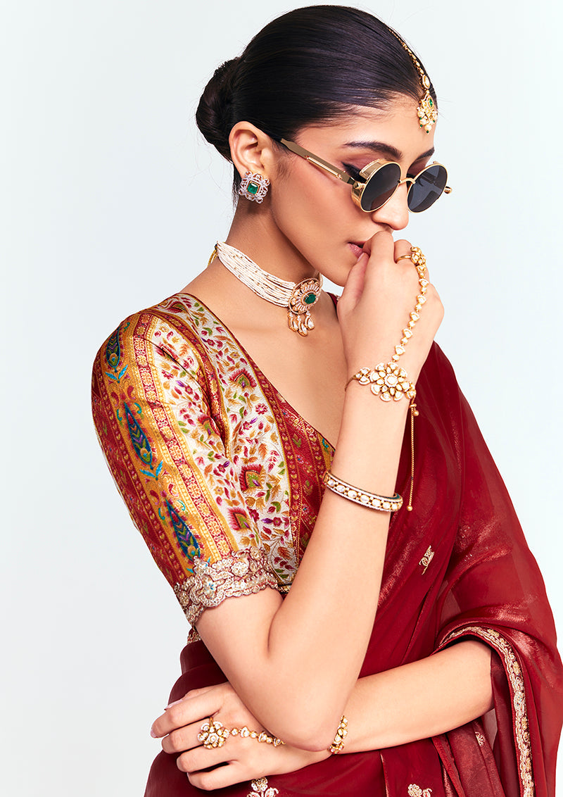 Monjolika Fashion Fancy Fabric Embroidered Maroon Saree