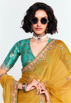 Monjolika Fashion Fancy Fabric Embroidered Mustard Saree