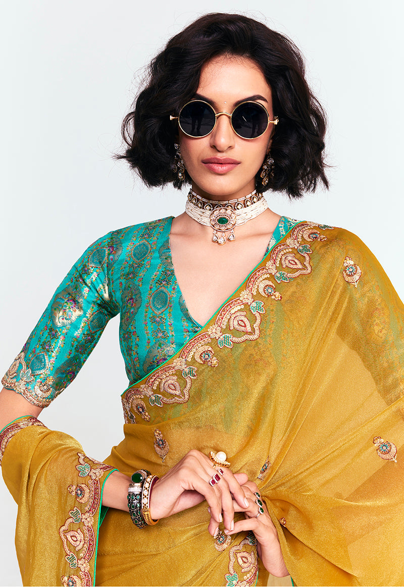 Monjolika Fashion Fancy Fabric Embroidered Mustard Saree