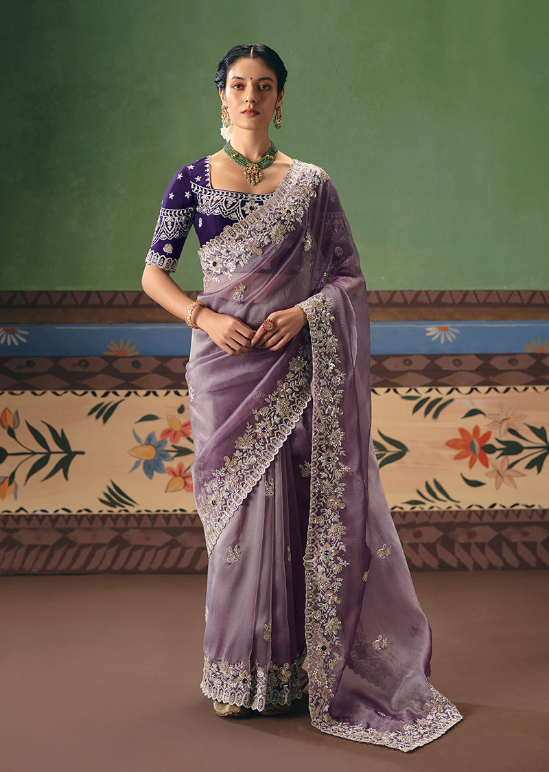 Monjolika Fashion Lilac Fancy Fabric Embroidered Saree