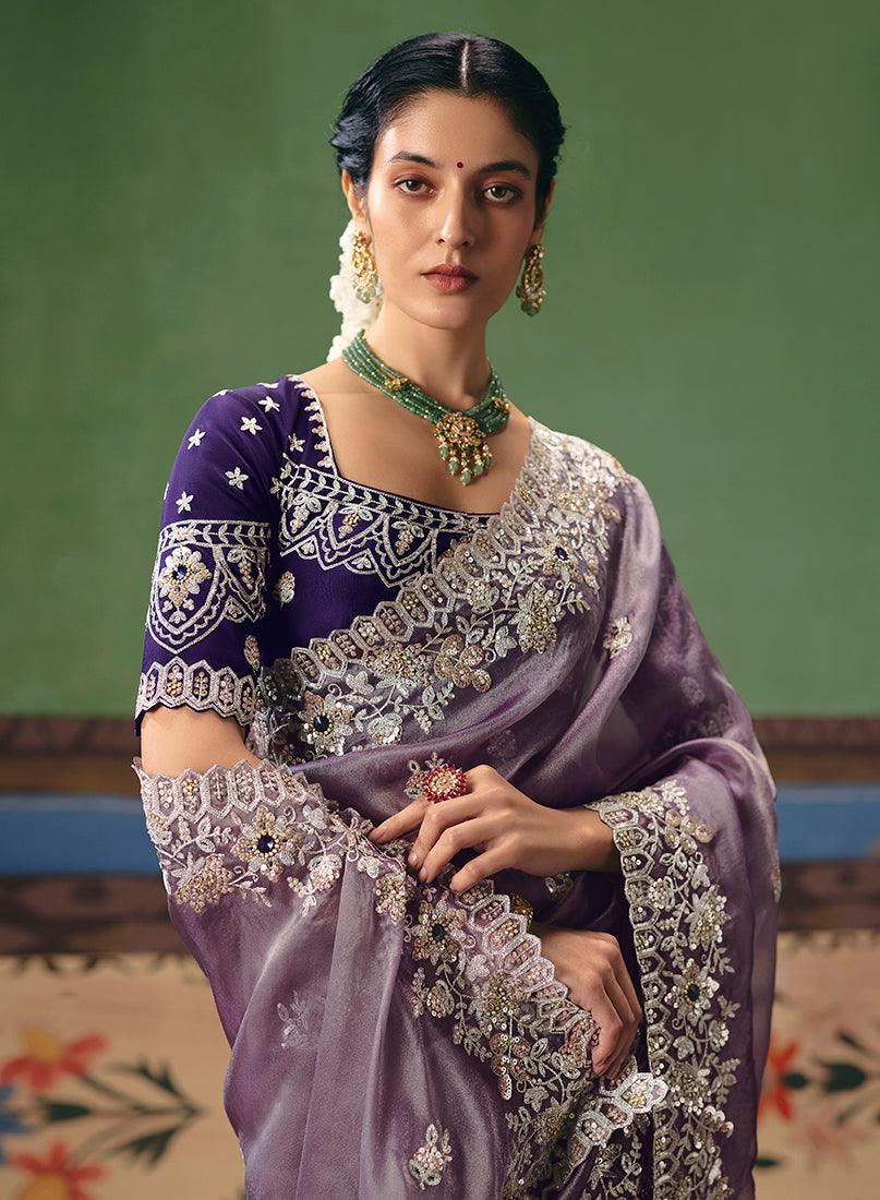 Monjolika Fashion Lilac Fancy Fabric Embroidered Saree
