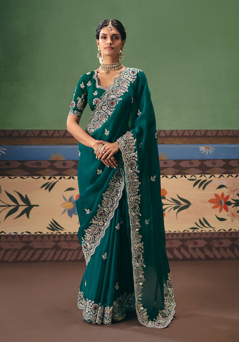 Monjolika Fashion Teal Fancy Fabric Embroidered Saree