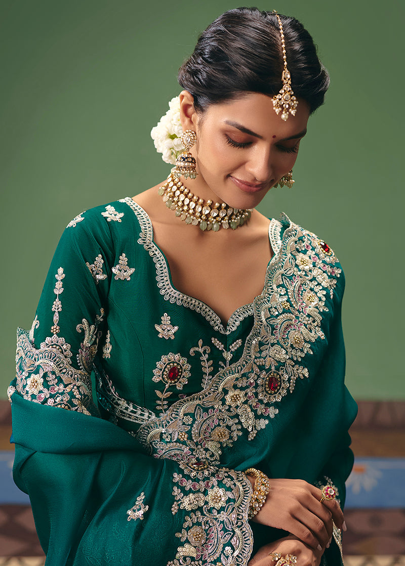 Monjolika Fashion Teal Fancy Fabric Embroidered Saree