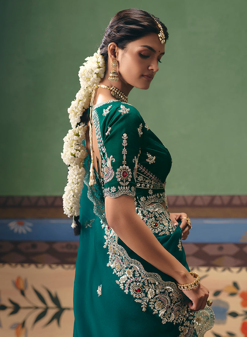 Monjolika Fashion Teal Fancy Fabric Embroidered Saree