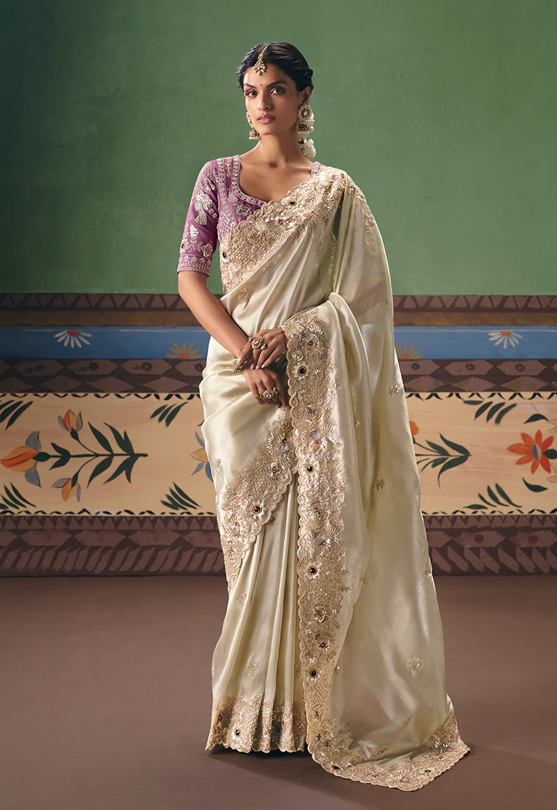 Monjolika Fashion Cream Fancy Fabric Embroidered Saree - Distacart