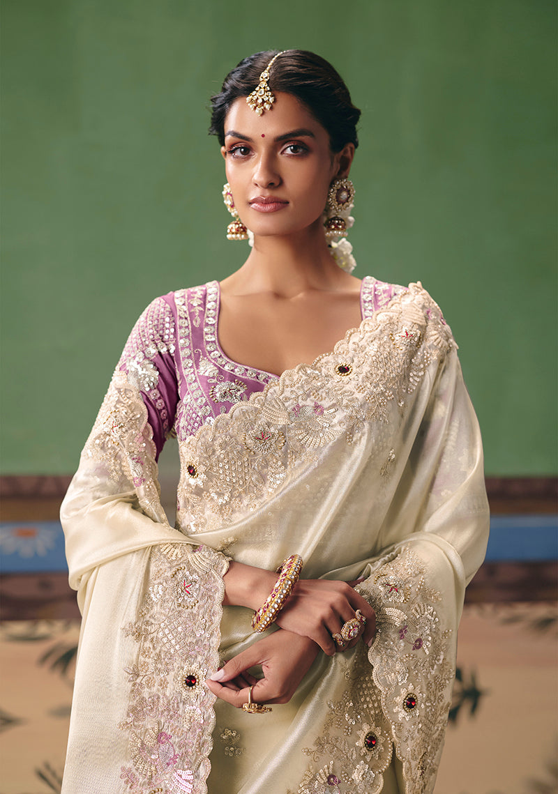 Monjolika Fashion Cream Fancy Fabric Embroidered Saree - Distacart