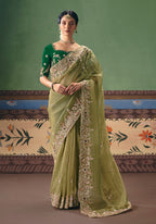 Monjolika Fashion Pista Green Fancy Fabric Embroidered Saree