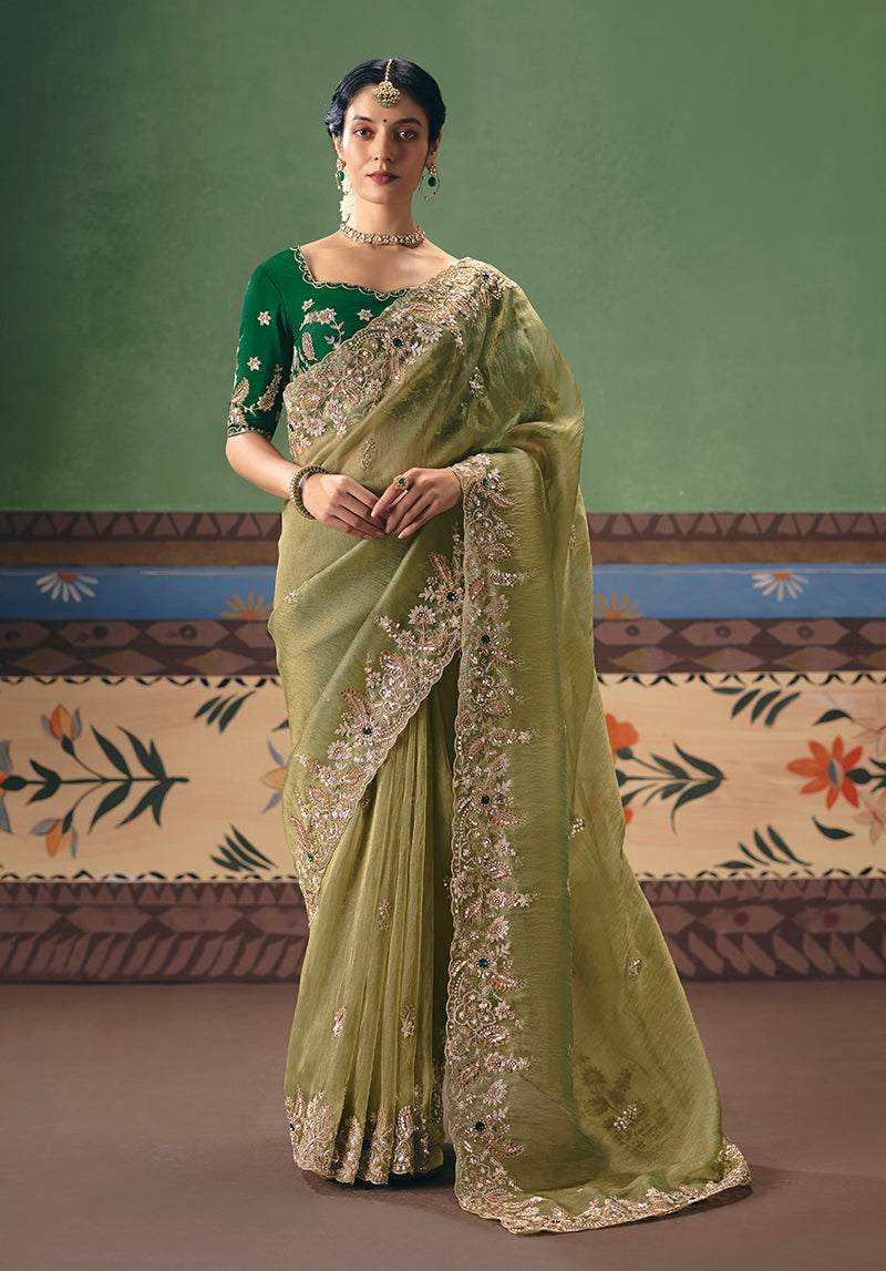 Monjolika Fashion Pista Green Fancy Fabric Embroidered Saree