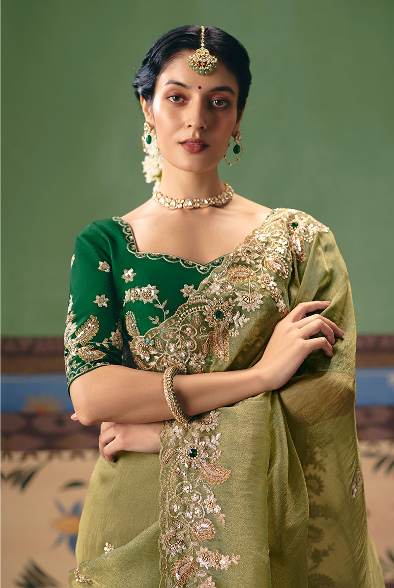Monjolika Fashion Pista Green Fancy Fabric Embroidered Saree