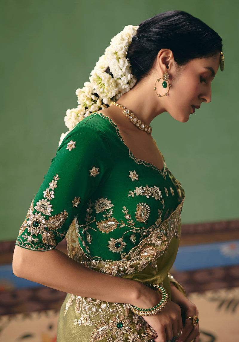 Monjolika Fashion Pista Green Fancy Fabric Embroidered Saree
