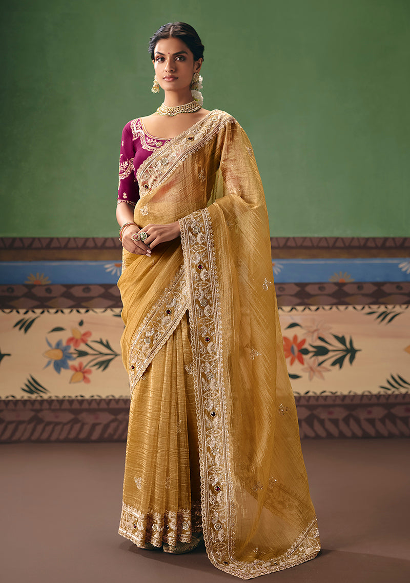 Monjolika Fashion Mustard Fancy Fabric Embroidered Saree