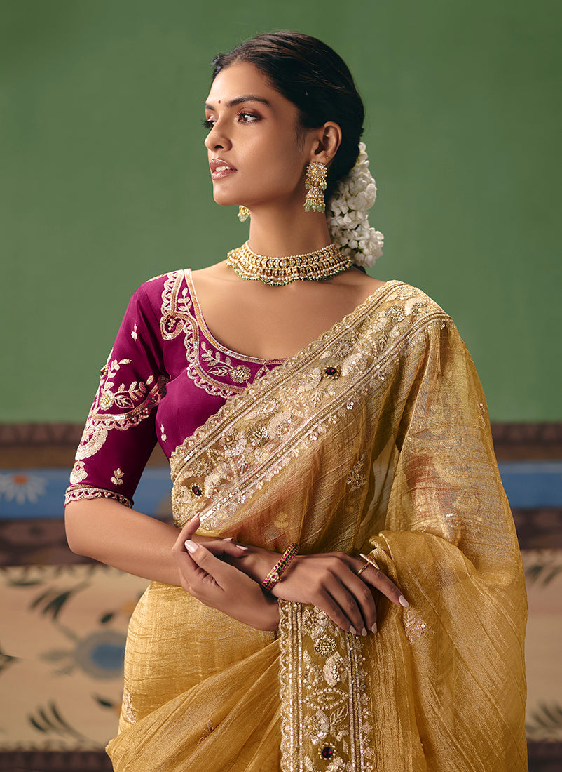 Monjolika Fashion Mustard Fancy Fabric Embroidered Saree