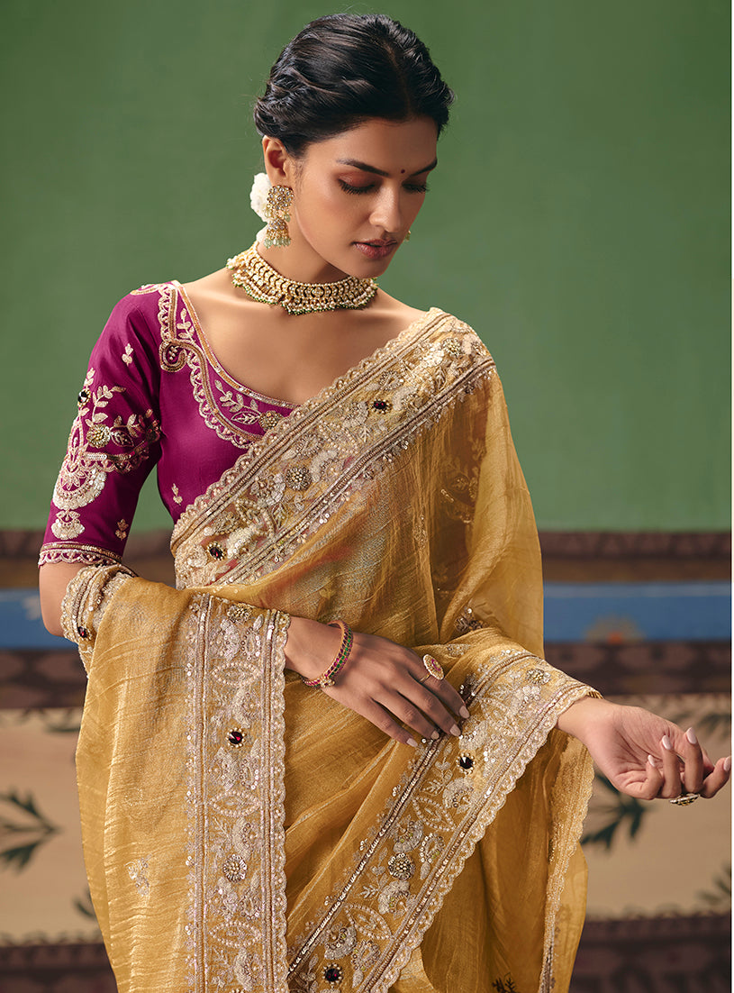 Monjolika Fashion Mustard Fancy Fabric Embroidered Saree