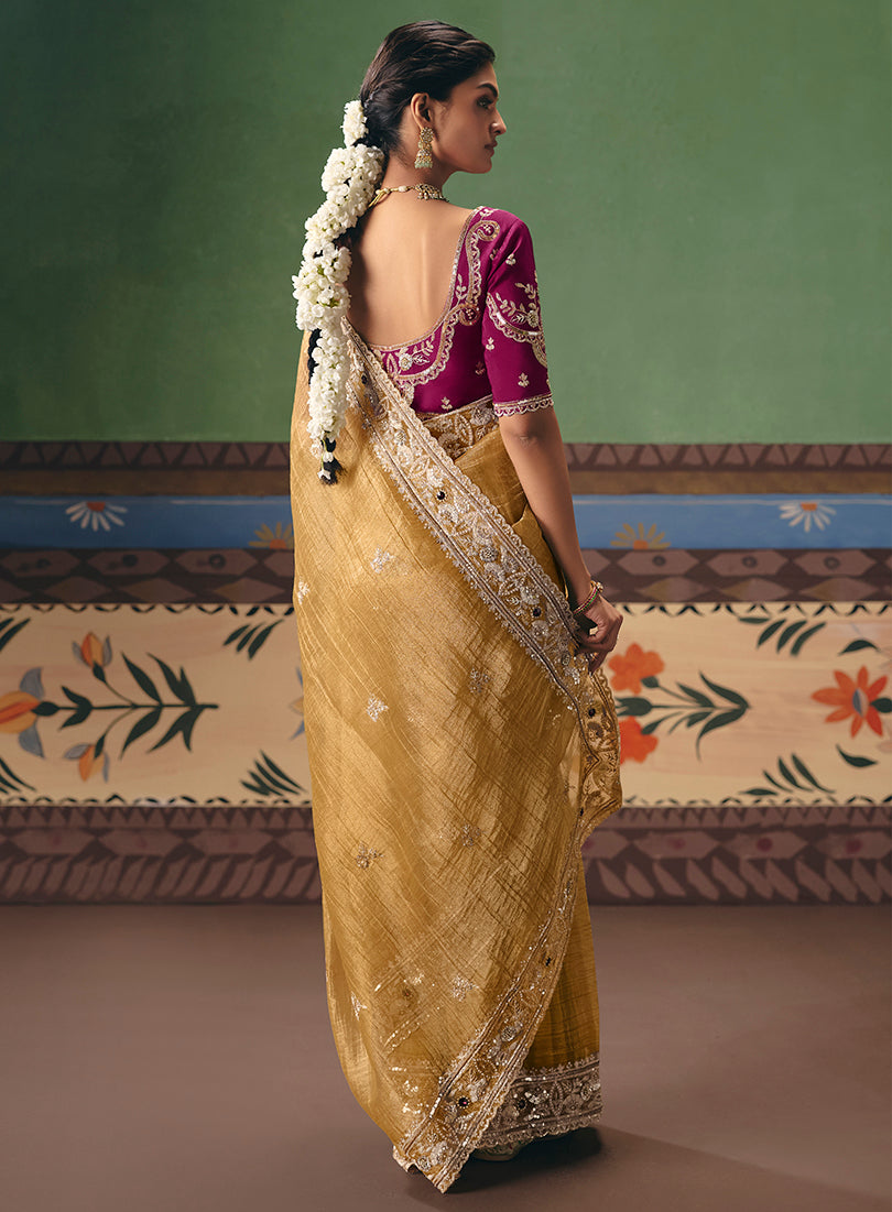 Monjolika Fashion Mustard Fancy Fabric Embroidered Saree
