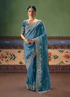 Monjolika Fashion Sky Blue Fancy Fabric Embroidered Saree