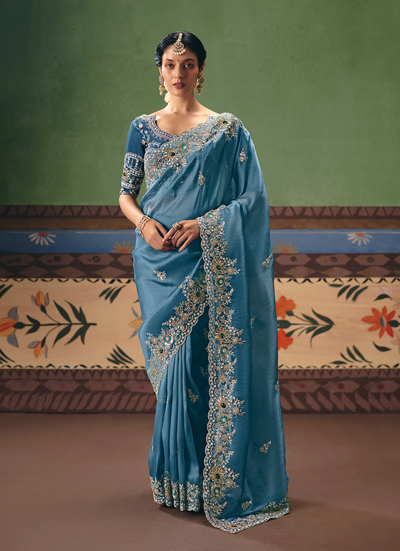 Monjolika Fashion Sky Blue Fancy Fabric Embroidered Saree