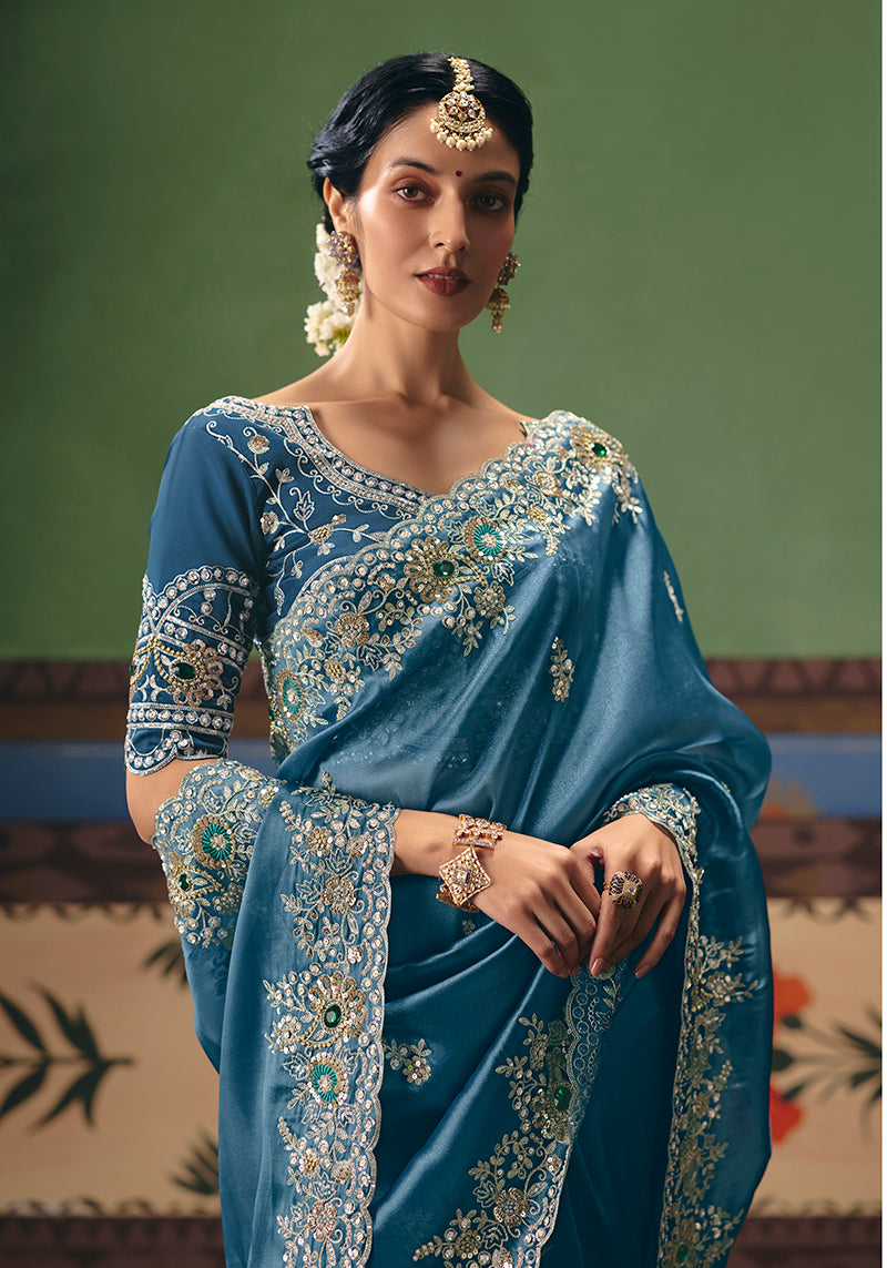 Monjolika Fashion Sky Blue Fancy Fabric Embroidered Saree