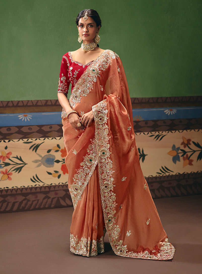 Monjolika Fashion Coral Fancy Fabric Embroidered Saree