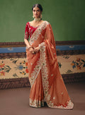 Monjolika Fashion Coral Fancy Fabric Embroidered Saree