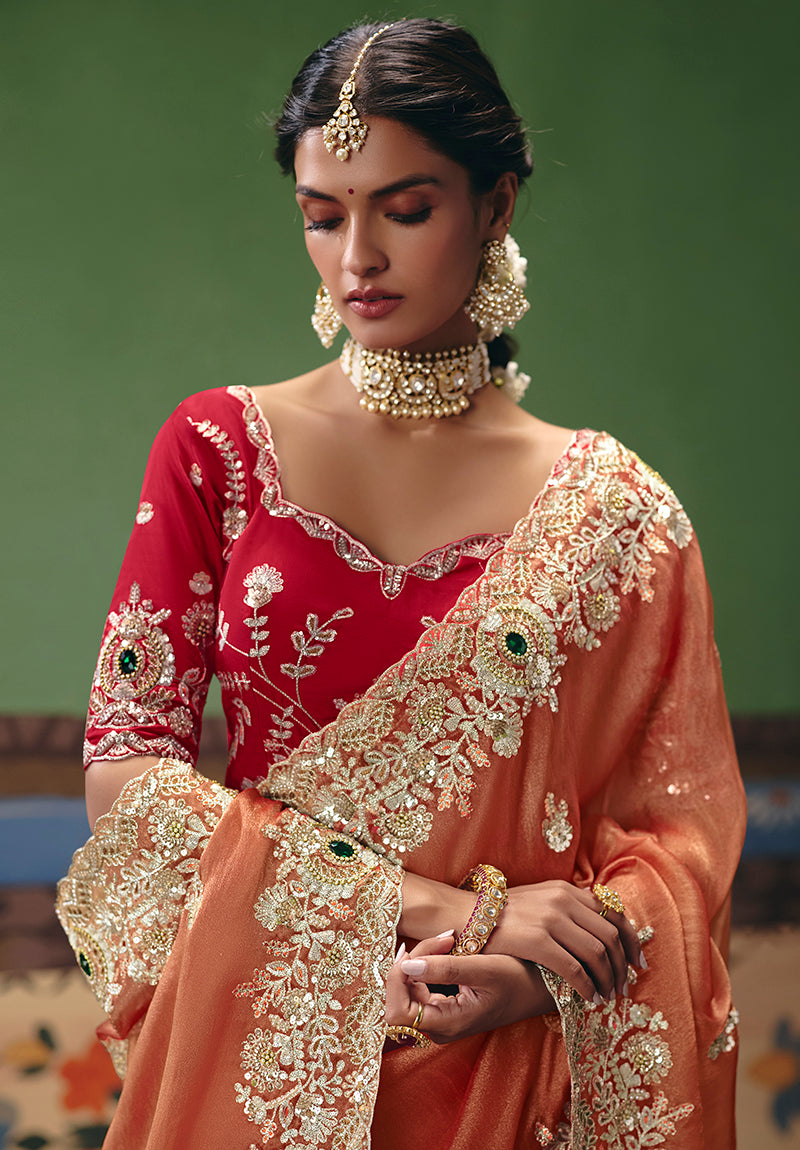 Monjolika Fashion Coral Fancy Fabric Embroidered Saree