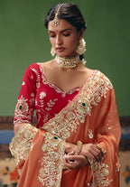 Monjolika Fashion Coral Fancy Fabric Embroidered Saree