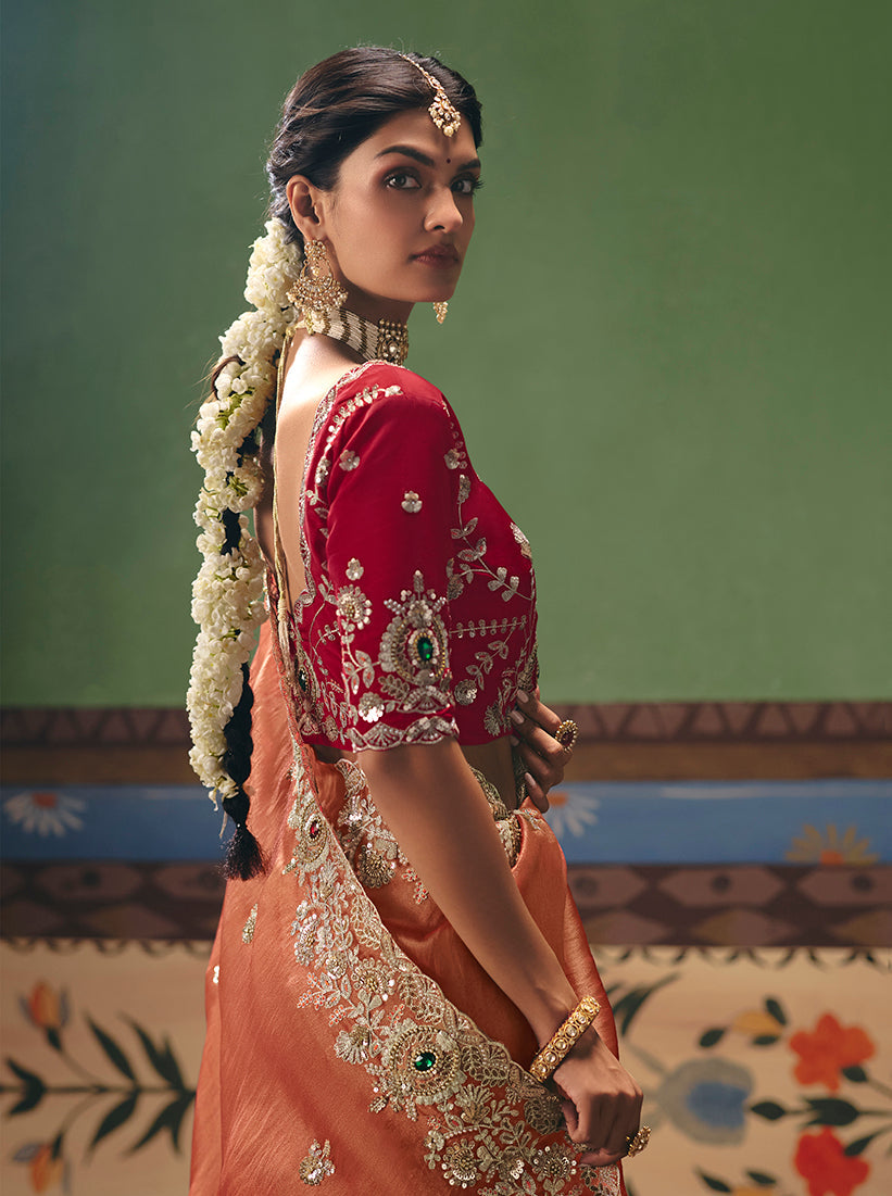 Monjolika Fashion Coral Fancy Fabric Embroidered Saree