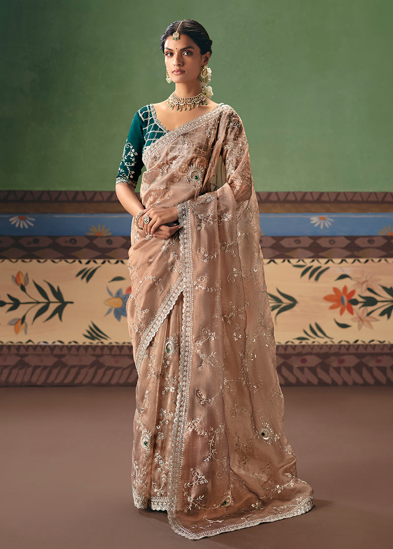 Monjolika Fashion Beige Fancy Fabric Embroidered Saree
