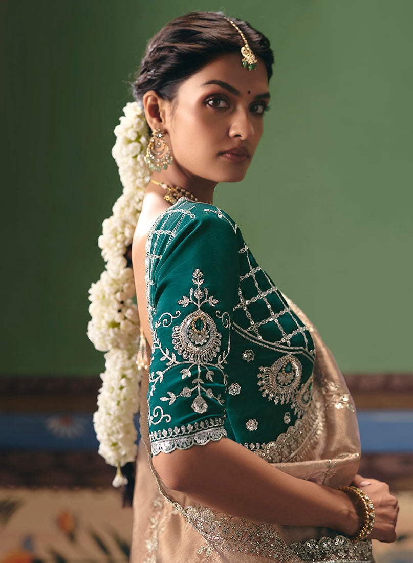Monjolika Fashion Beige Fancy Fabric Embroidered Saree