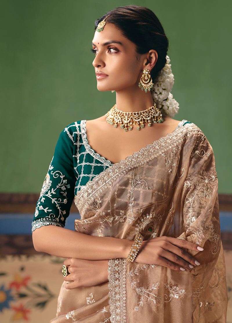 Monjolika Fashion Beige Fancy Fabric Embroidered Saree