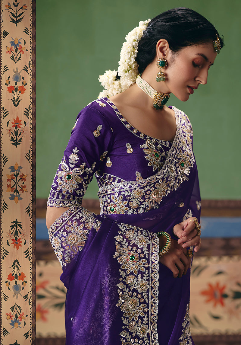 Monjolika Fashion Purple Fancy Fabric Embroidered Saree