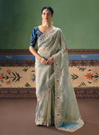 Monjolika Fashion Light Sea Green Fancy Fabric Embroidered Saree