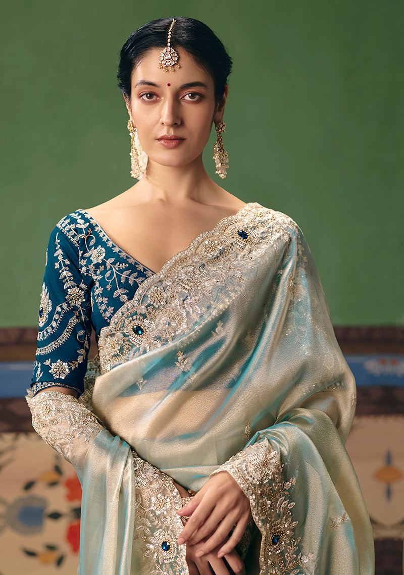 Monjolika Fashion Light Sea Green Fancy Fabric Embroidered Saree