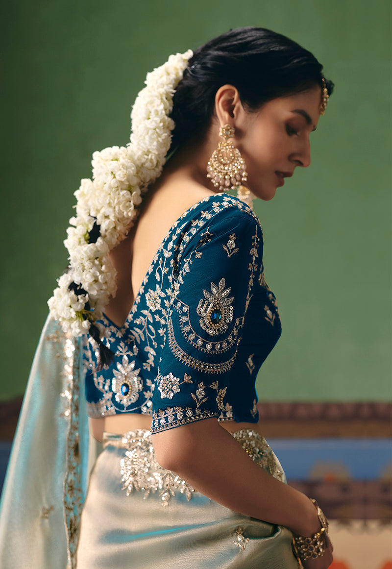 Monjolika Fashion Light Sea Green Fancy Fabric Embroidered Saree