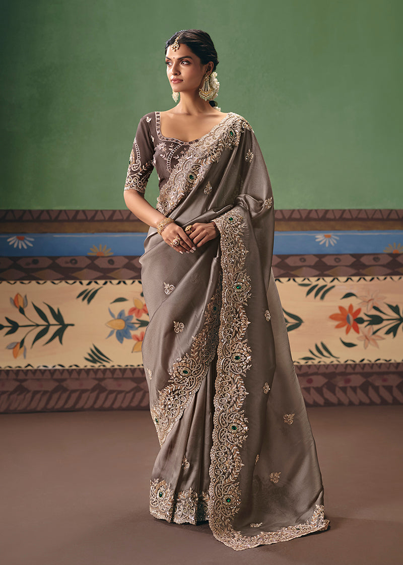 Monjolika Fashion Taupe Fancy Fabric Embroidered Saree