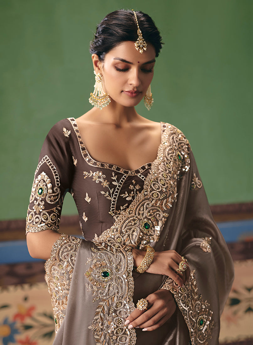 Monjolika Fashion Taupe Fancy Fabric Embroidered Saree
