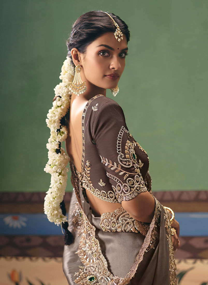 Monjolika Fashion Taupe Fancy Fabric Embroidered Saree