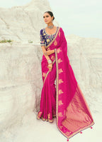 Monjolika Fashion Organza Viscose Satin Embroidered Rani Pink Saree - Distacart