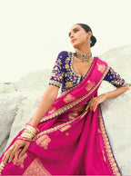 Monjolika Fashion Organza Viscose Satin Embroidered Rani Pink Saree - Distacart