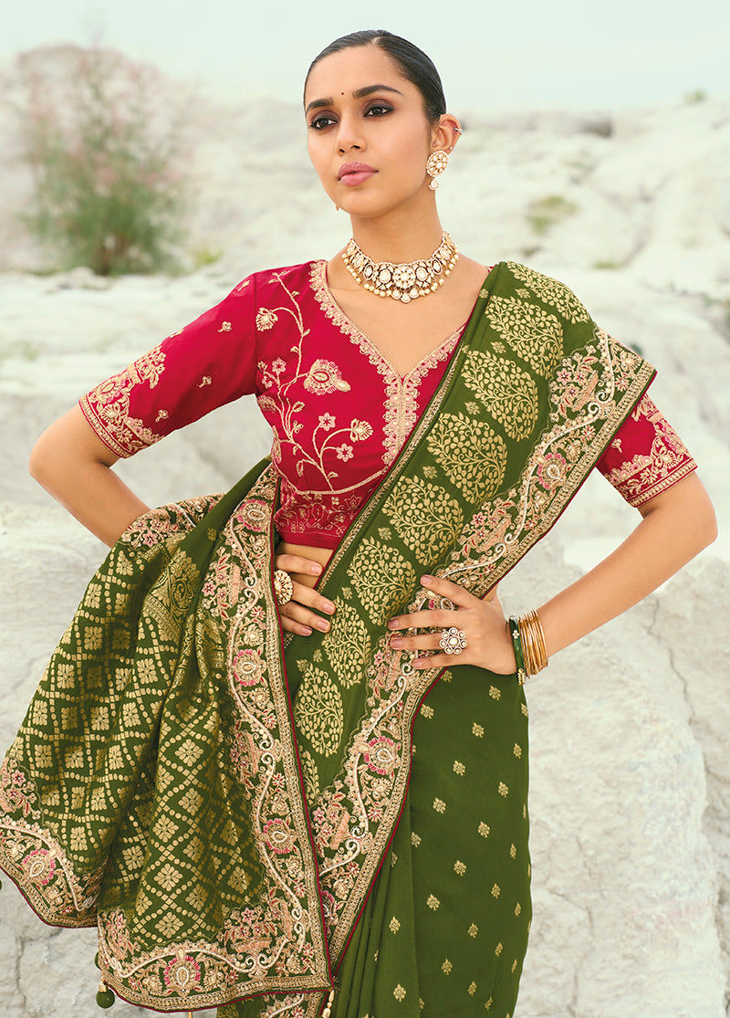 Monjolika Fashion Viscose Embroidered Mehendi Green Saree