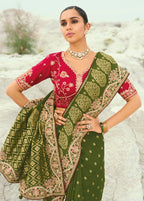 Monjolika Fashion Viscose Embroidered Mehendi Green Saree