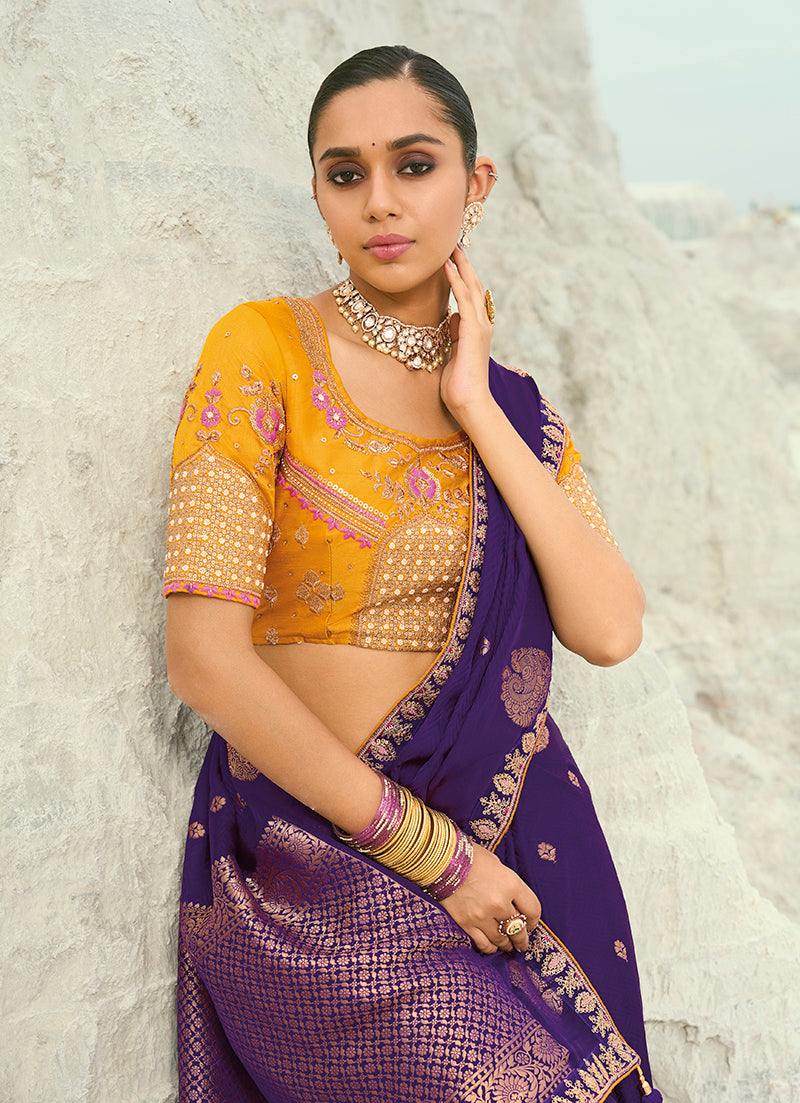 Monjolika Fashion Organza Viscose Satin Embroidered Purple Saree