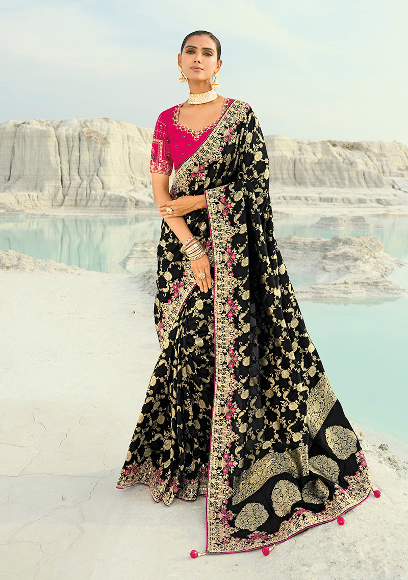 Monjolika Fashion Viscose Embroidered Black Saree