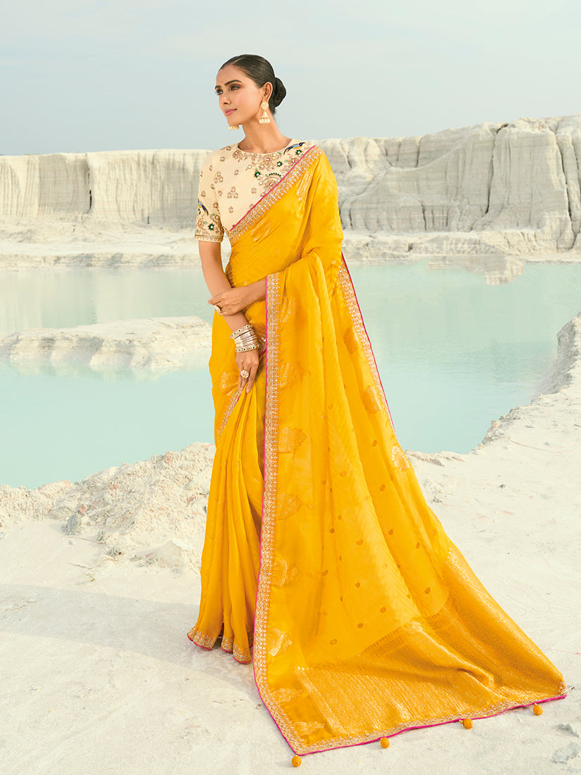 Monjolika Fashion Organza Viscose Satin Embroidered Yellow Saree - Distacart