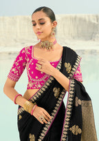 Monjolika Fashion Organza Viscose Satin Embroidered Black Saree - Distacart