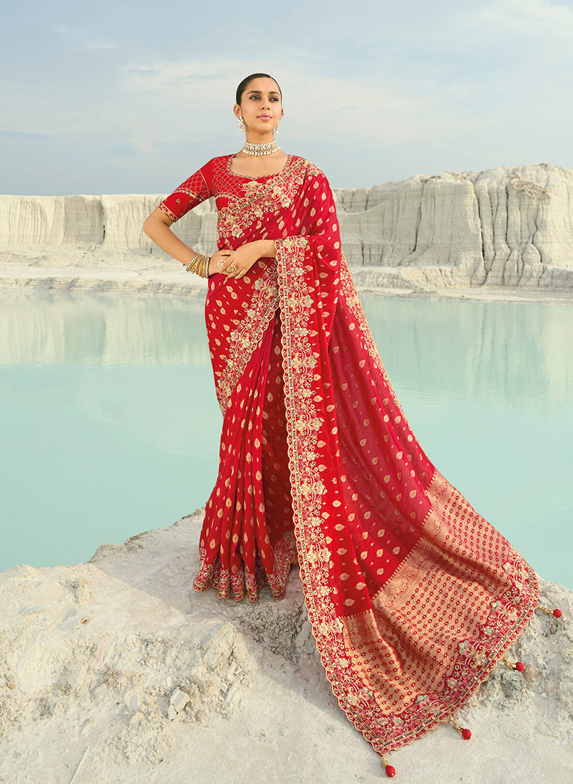 Monjolika Fashion Viscose Embroidered Red Saree - Distacart