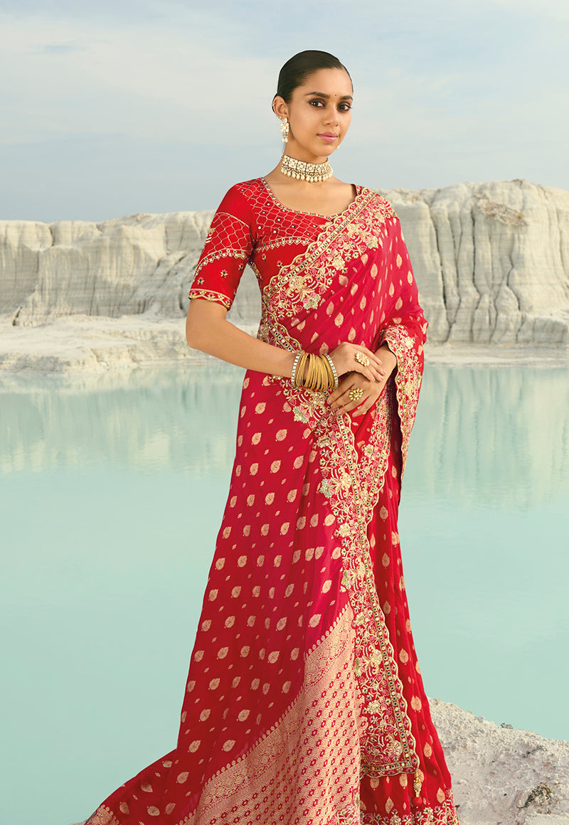 Monjolika Fashion Viscose Embroidered Red Saree - Distacart
