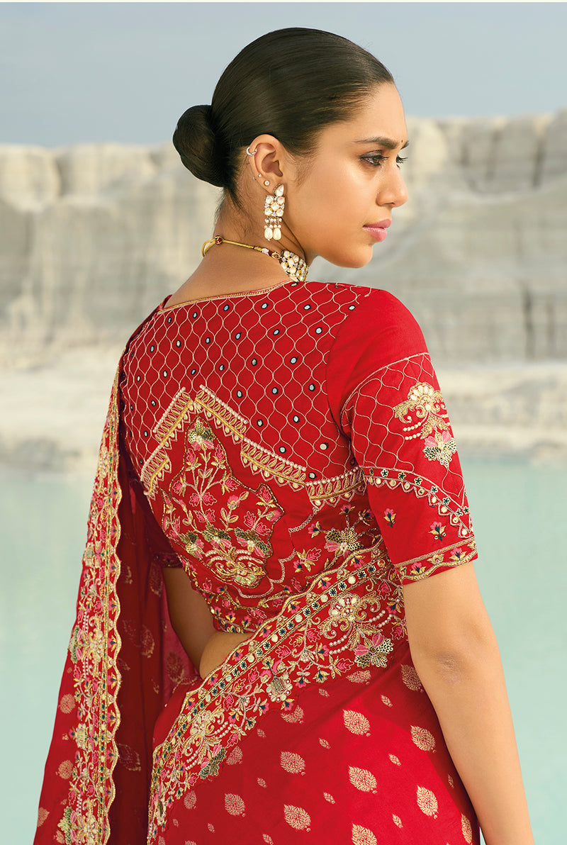 Monjolika Fashion Viscose Embroidered Red Saree - Distacart