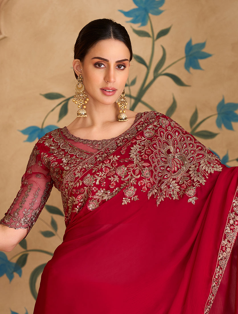 Monjolika Fashion Embroidered Faux Georgette Red Saree - Distacart