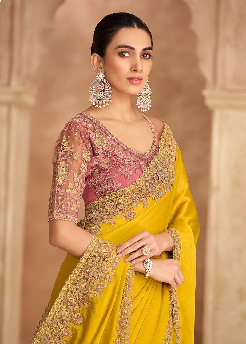 Monjolika Fashion Embroidered Faux Chiffon Satin Yellow Saree - Distacart